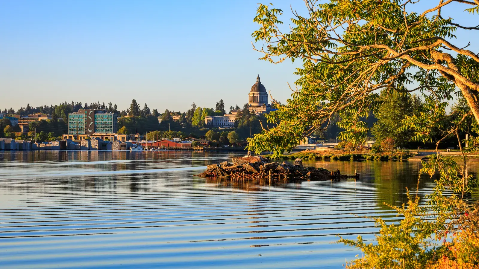Capitol building with gold dome across calm water, surrounded by trees and waterfront buildings