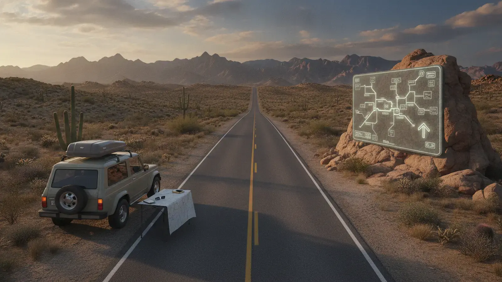 SUV parked on desert highway with roof rack and map display on rock formation ahead
