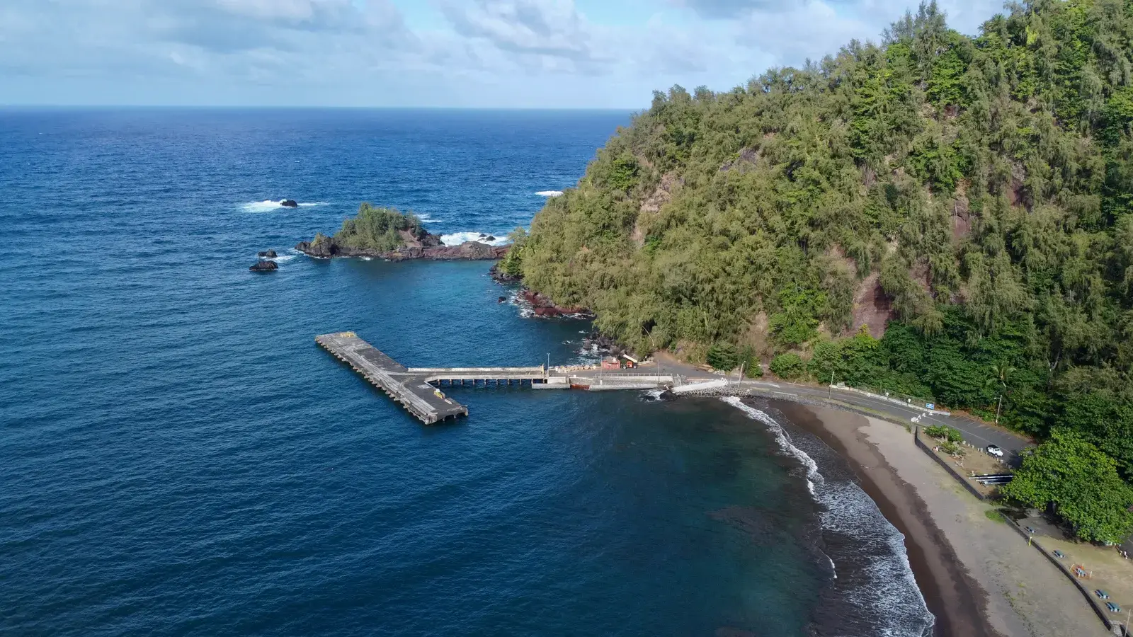Aerial view of a coastal bay with a dark sand beach, pier, and dense green forest on steep cliffs overlooking blue ocean