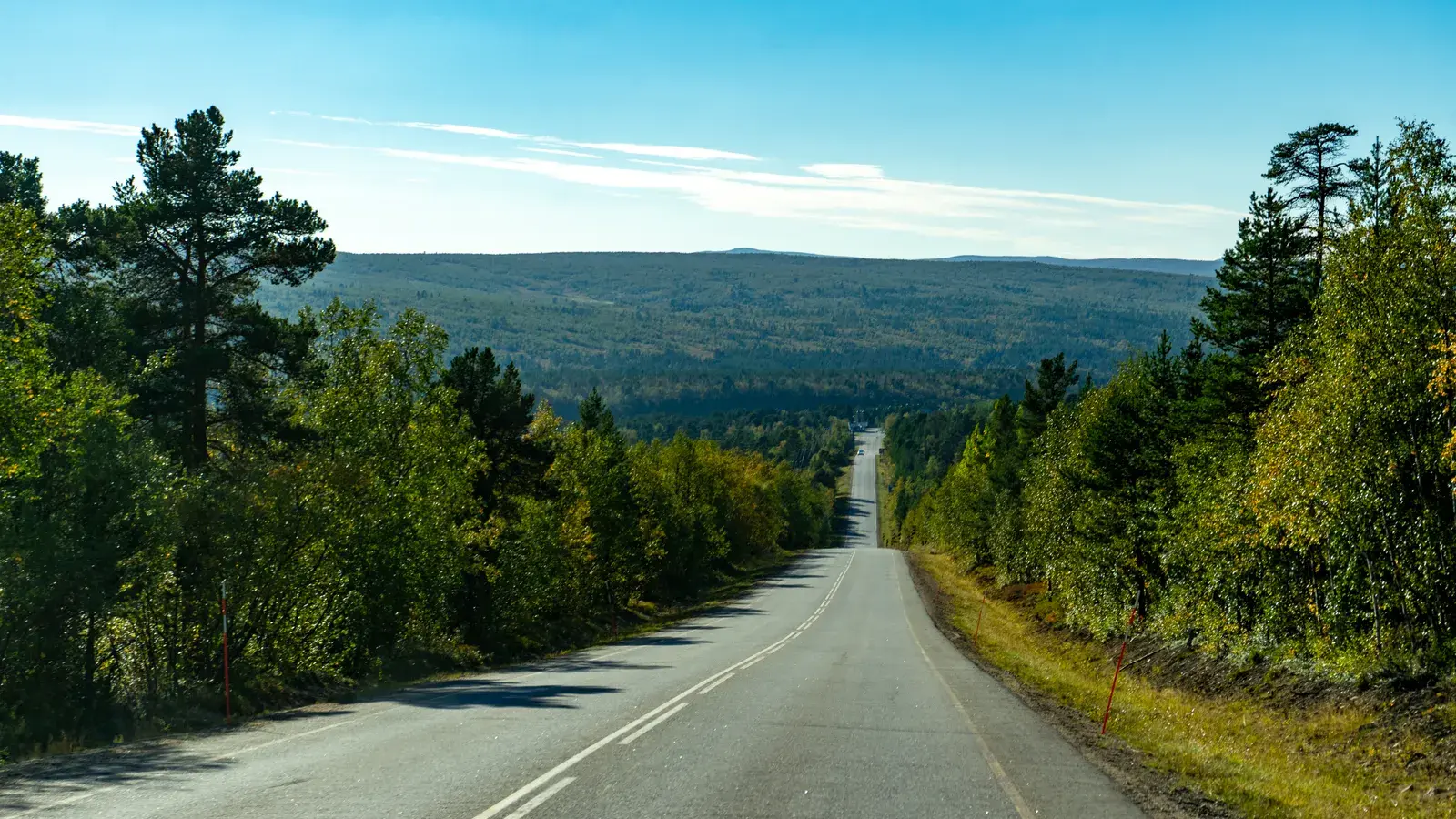 Straight highway stretching through forested landscape with distant hills under clear blue sky