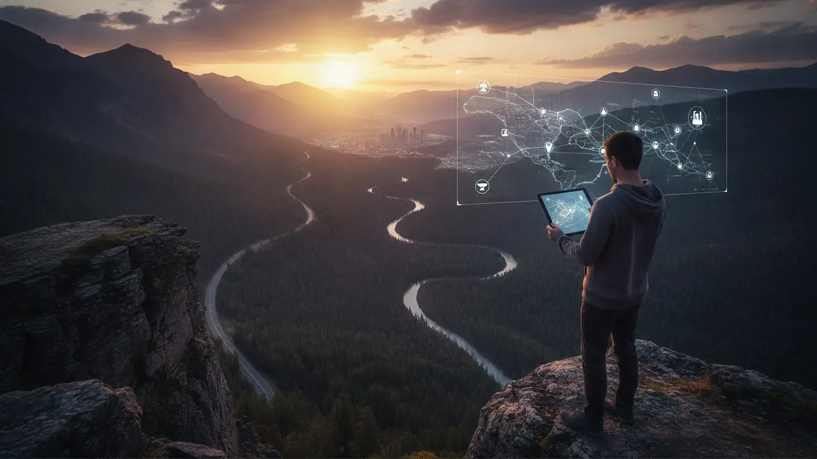 Person standing on a mountain overlook holding a tablet, viewing a digital map display with network icons overlaid on a