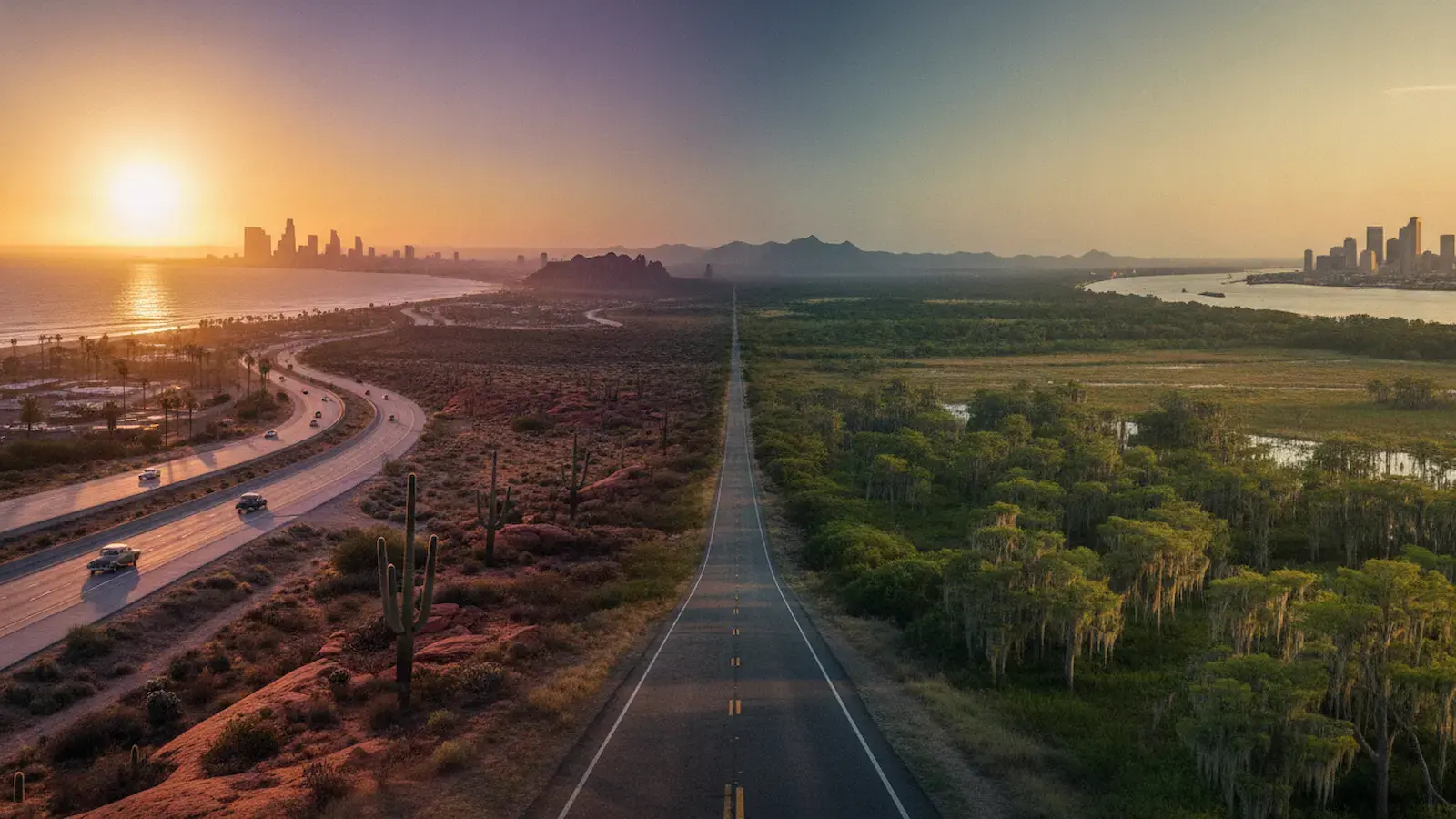 Straight highway stretching toward distant horizon with desert on left, wetlands on right, and city skylines visible in the