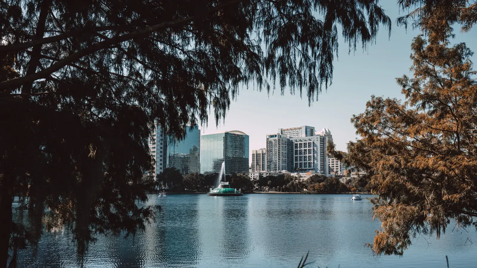 Captivating view of downtown orlando skyline framed by trees 6ee54b