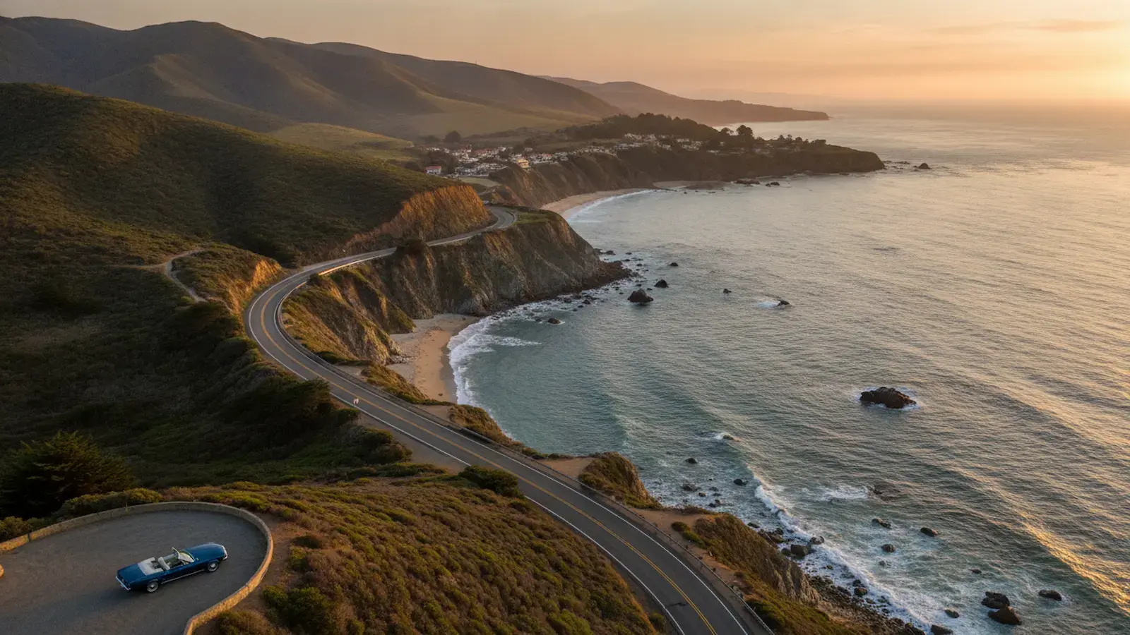 Coastal highway curves along green cliffs above a sandy beach and ocean, with a blue convertible car parked on a scenic