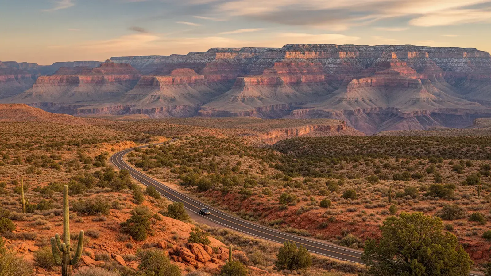 Winding highway through desert landscape with saguaro cacti and layered canyon formations in the distance at sunset