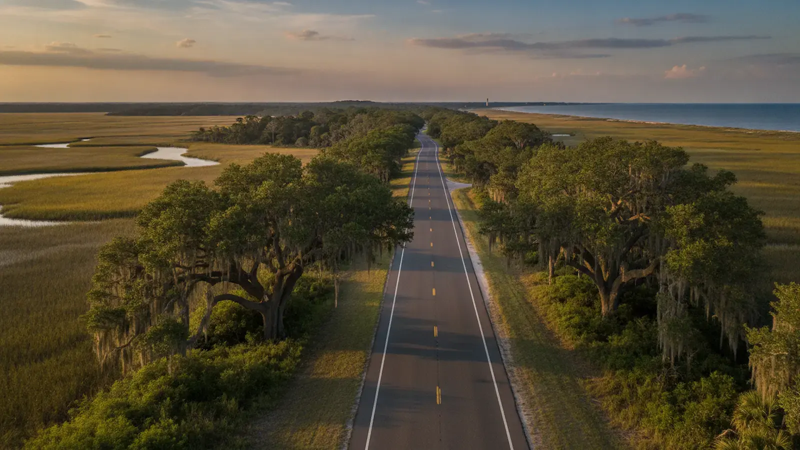 Straight road lined with oak trees stretching toward the coast with marshland and water visible on either side